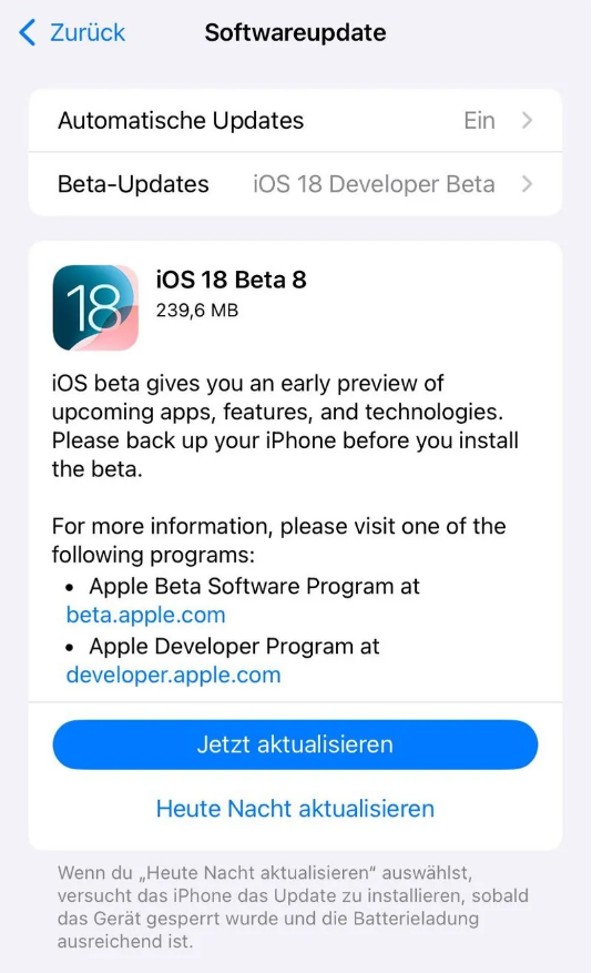 北大镇苹果手机维修分享苹果 iOS / iPadOS 18 开发者预览版 Beta 8 发布 